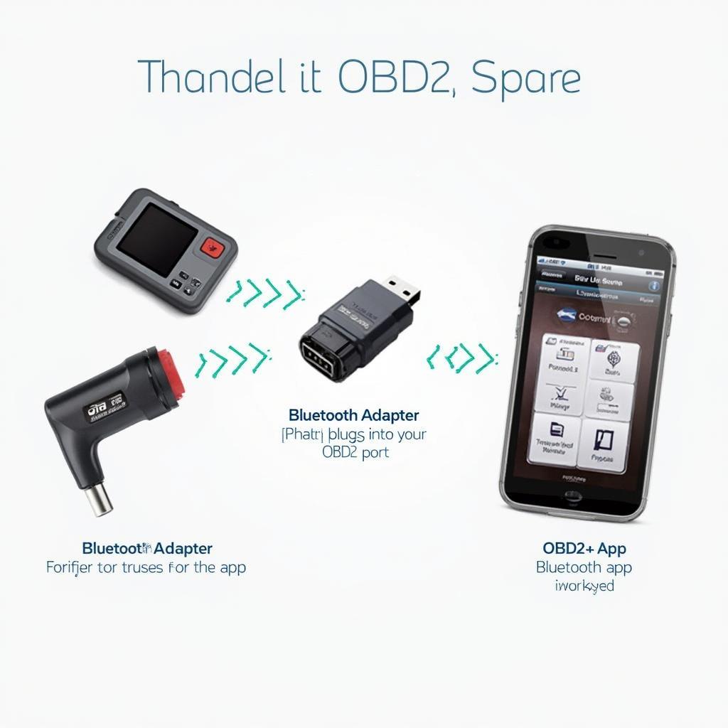 Different types of OBD2 scanners: a handheld scanner, a Bluetooth adapter, and a smartphone app.