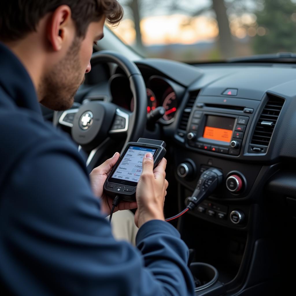 Person using an OBD2 scanner on a car