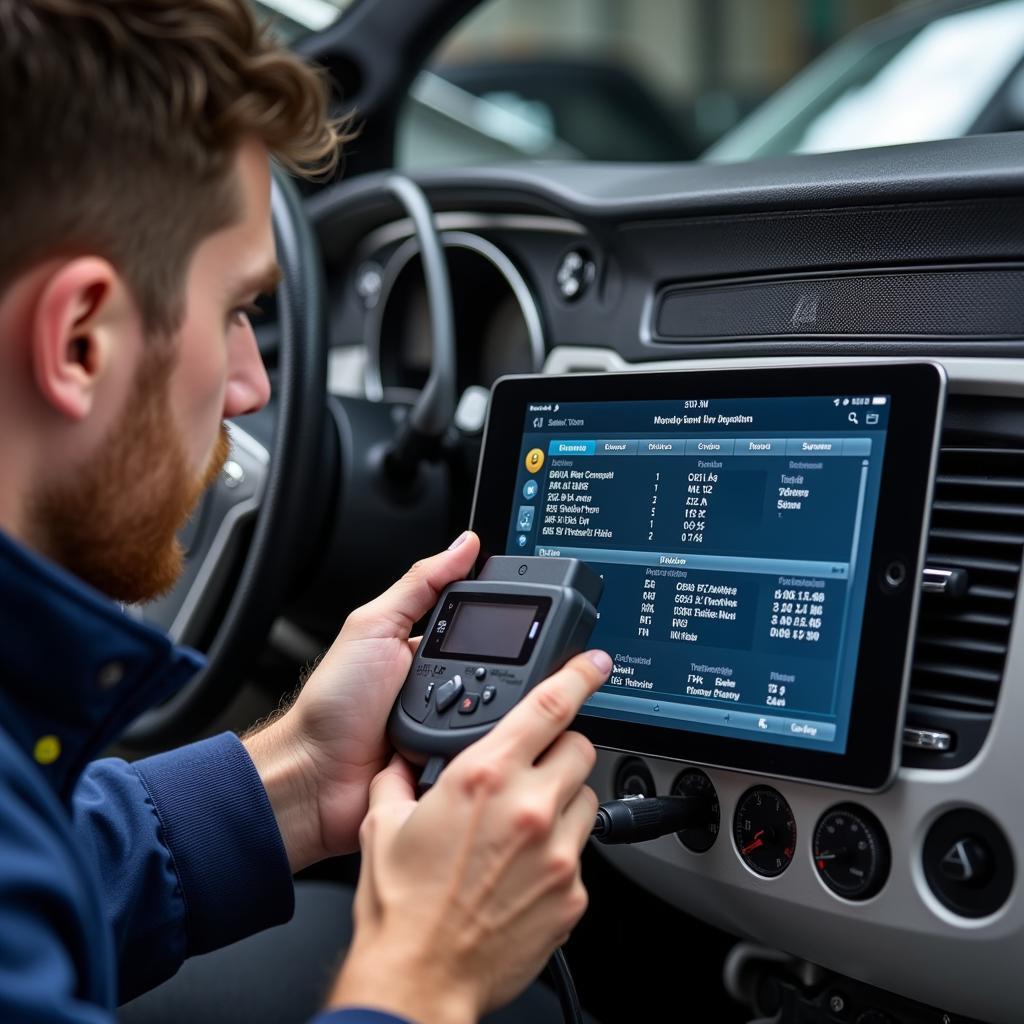 Mechanic using OBD2 software to diagnose a car problem