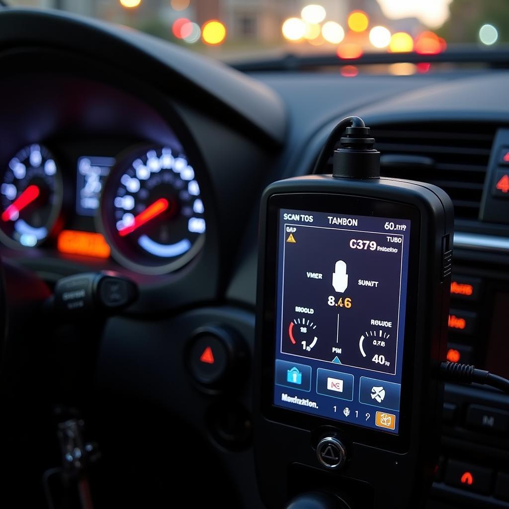 OBD2 turbo gauge scantool displaying boost pressure on a car dashboard