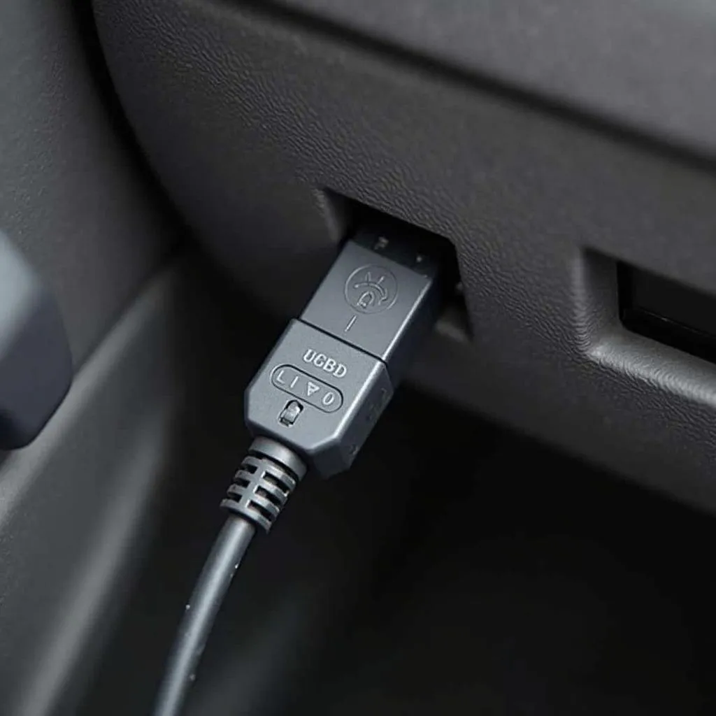 OBD2 to USB cable connected to a car's OBD2 port