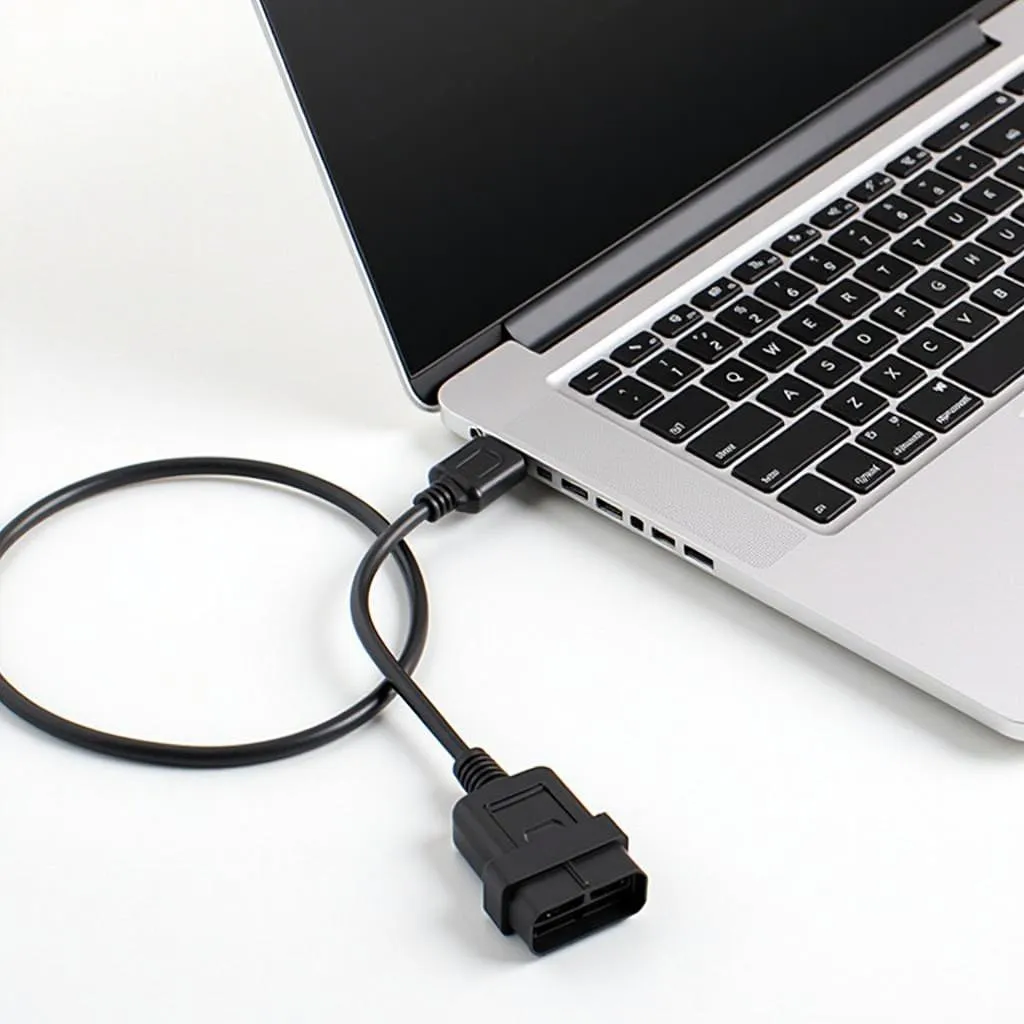 OBD2 USB cable connecting car and laptop