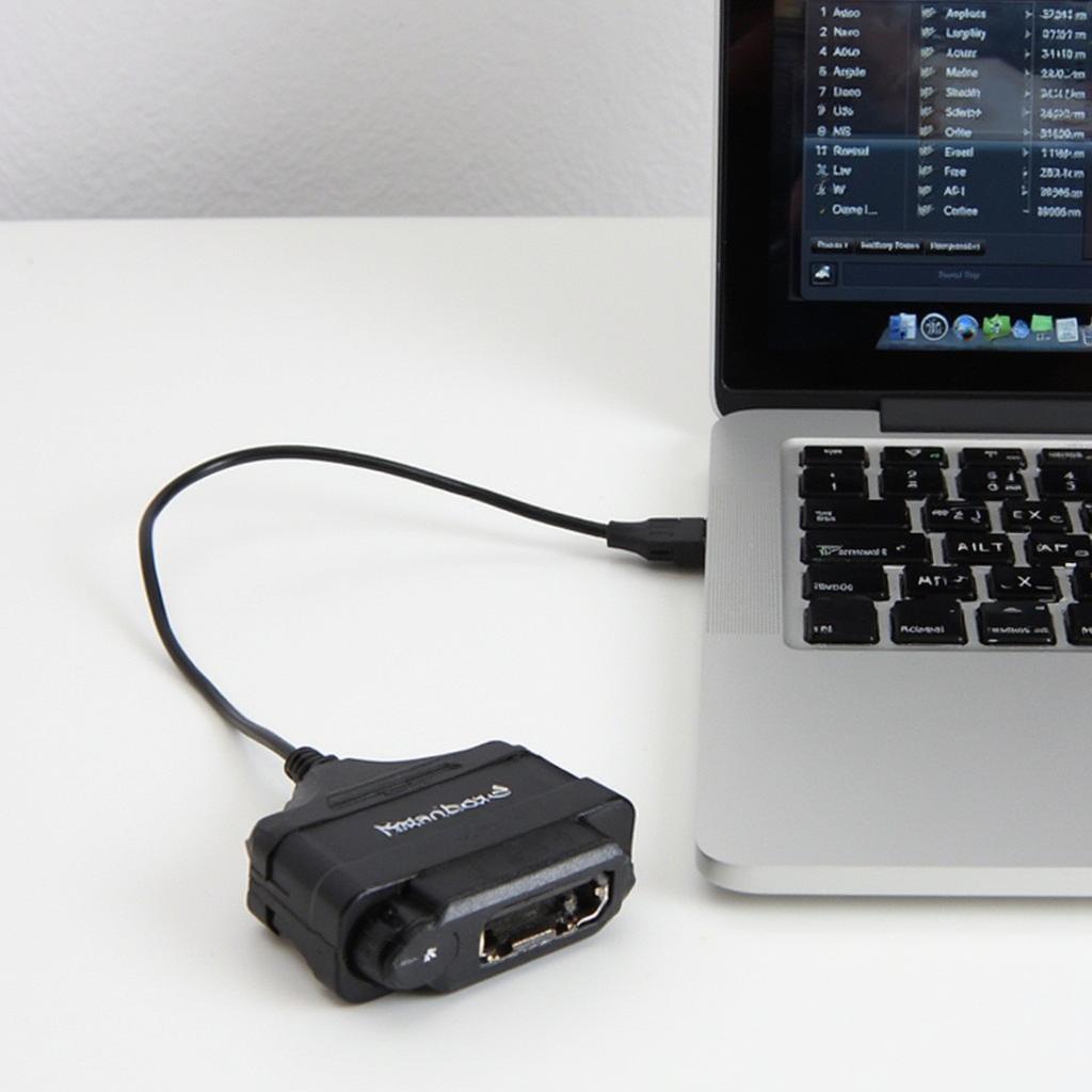 OBD2 USB scanner connected to a MacBook