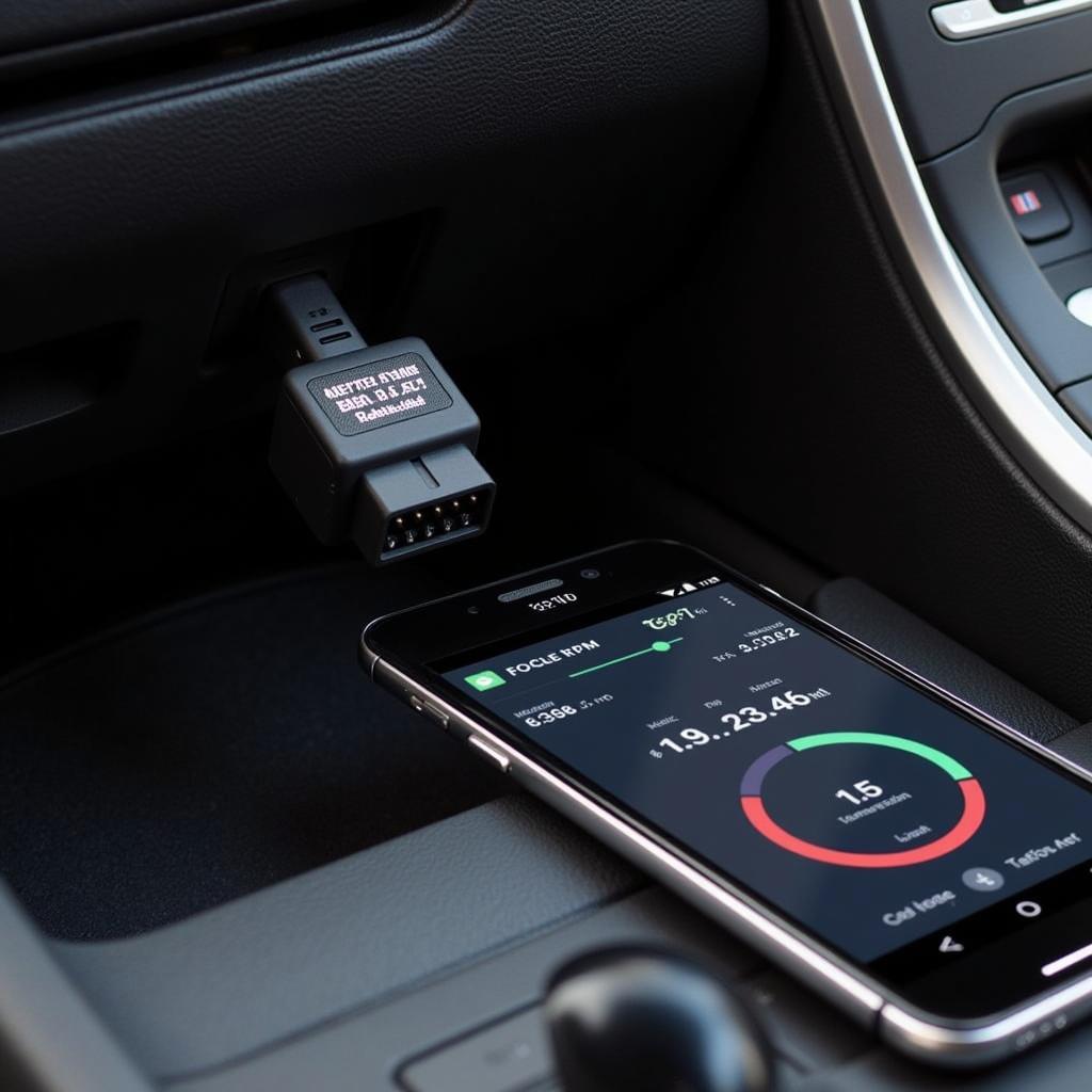 OBD2 WiFi adapter connected to a smartphone displaying diagnostic data.
