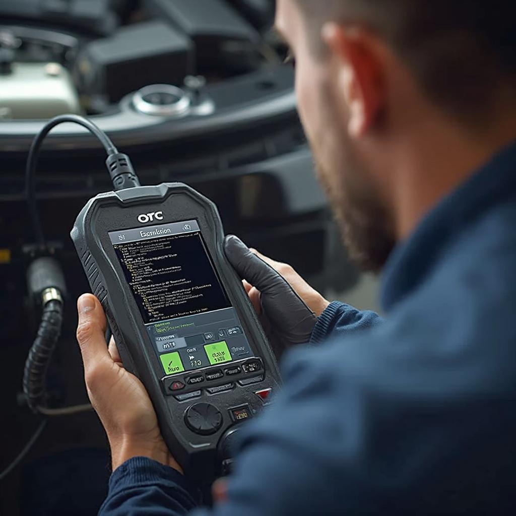 Mechanic using an OTC OBD2 scan tool to diagnose a car problem