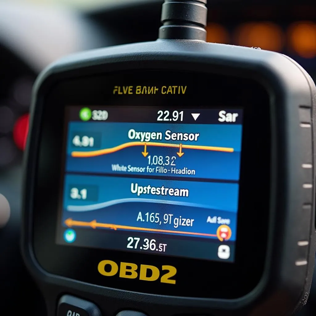 Oxygen sensor readings displayed on an OBD2 scanner screen