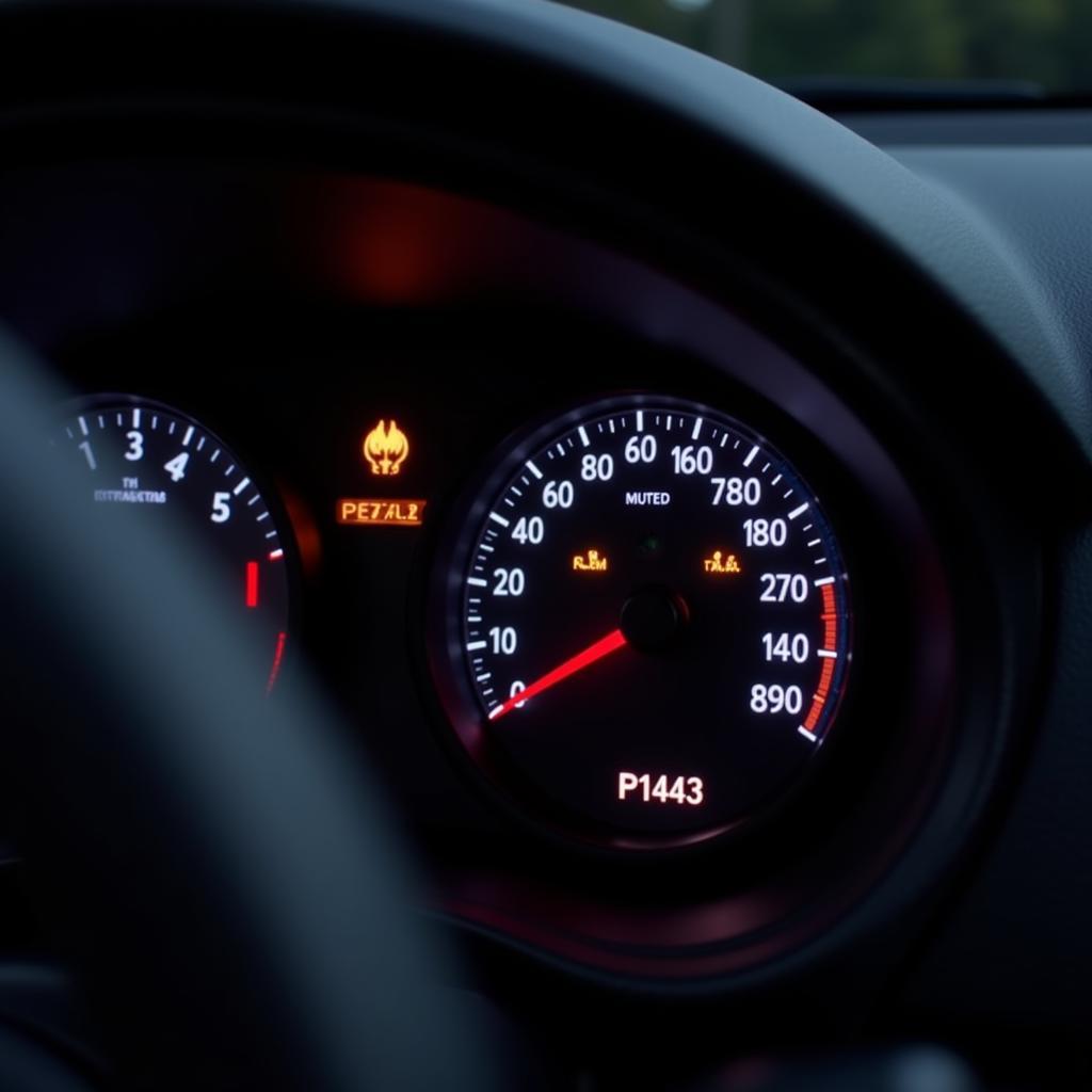 Car dashboard displaying check engine light with P1443 code