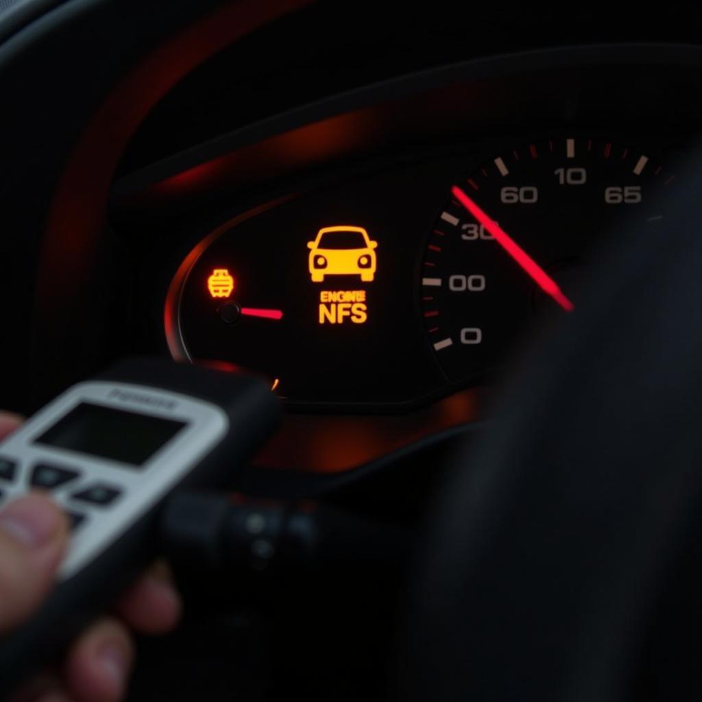 Car dashboard showing check engine light