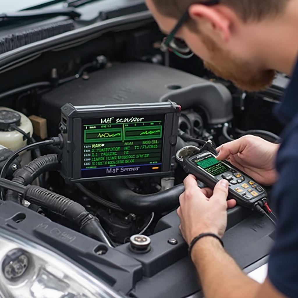 Mechanic Checking MAF Sensor with OBD2 Scanner