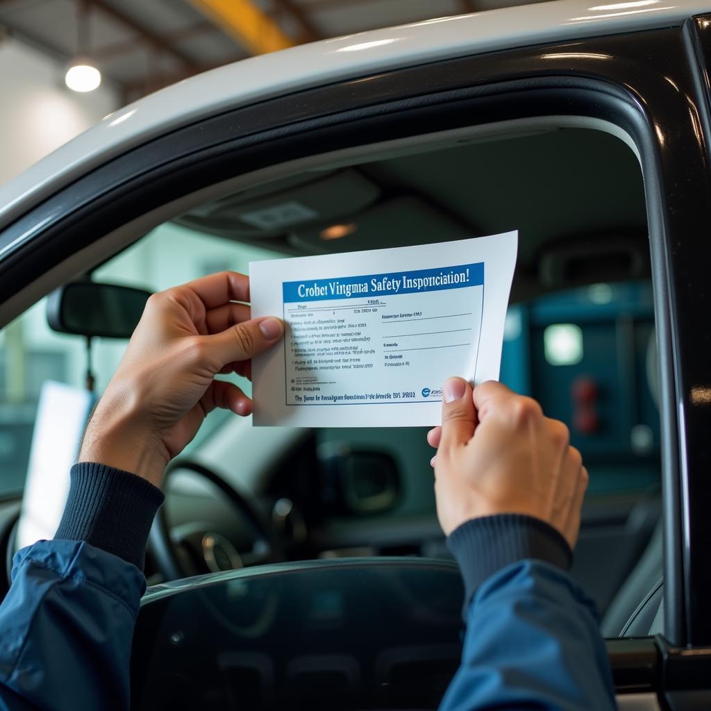 Mechanic applying a passing Virginia safety inspection sticker