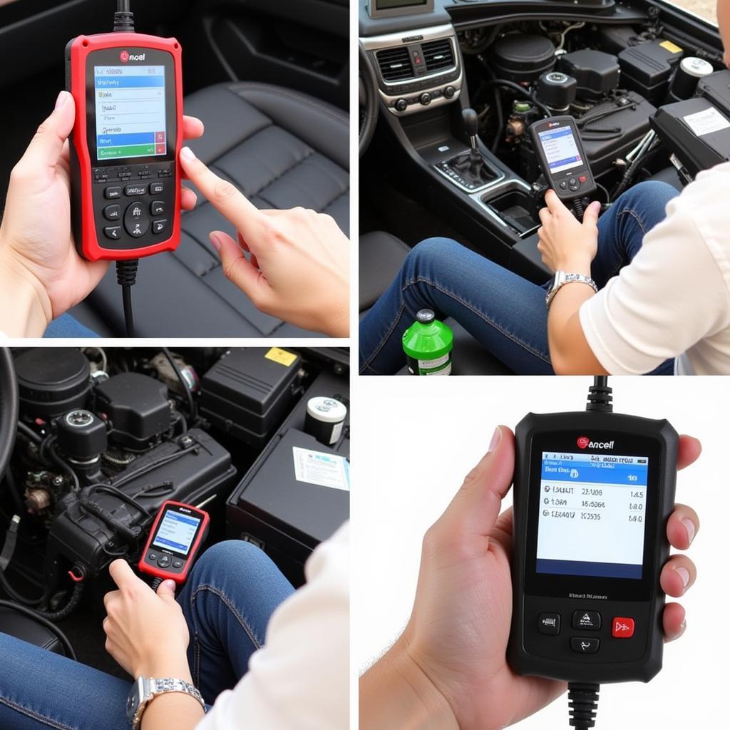 A person using the Ancel AD410 OBD2 scanner to diagnose a car problem