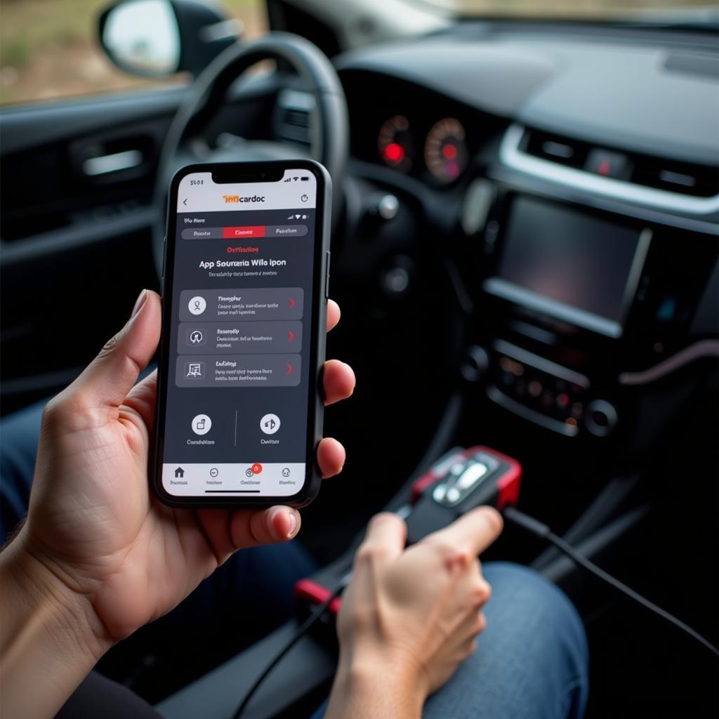 Person using Incardoc scanner to diagnose car problems