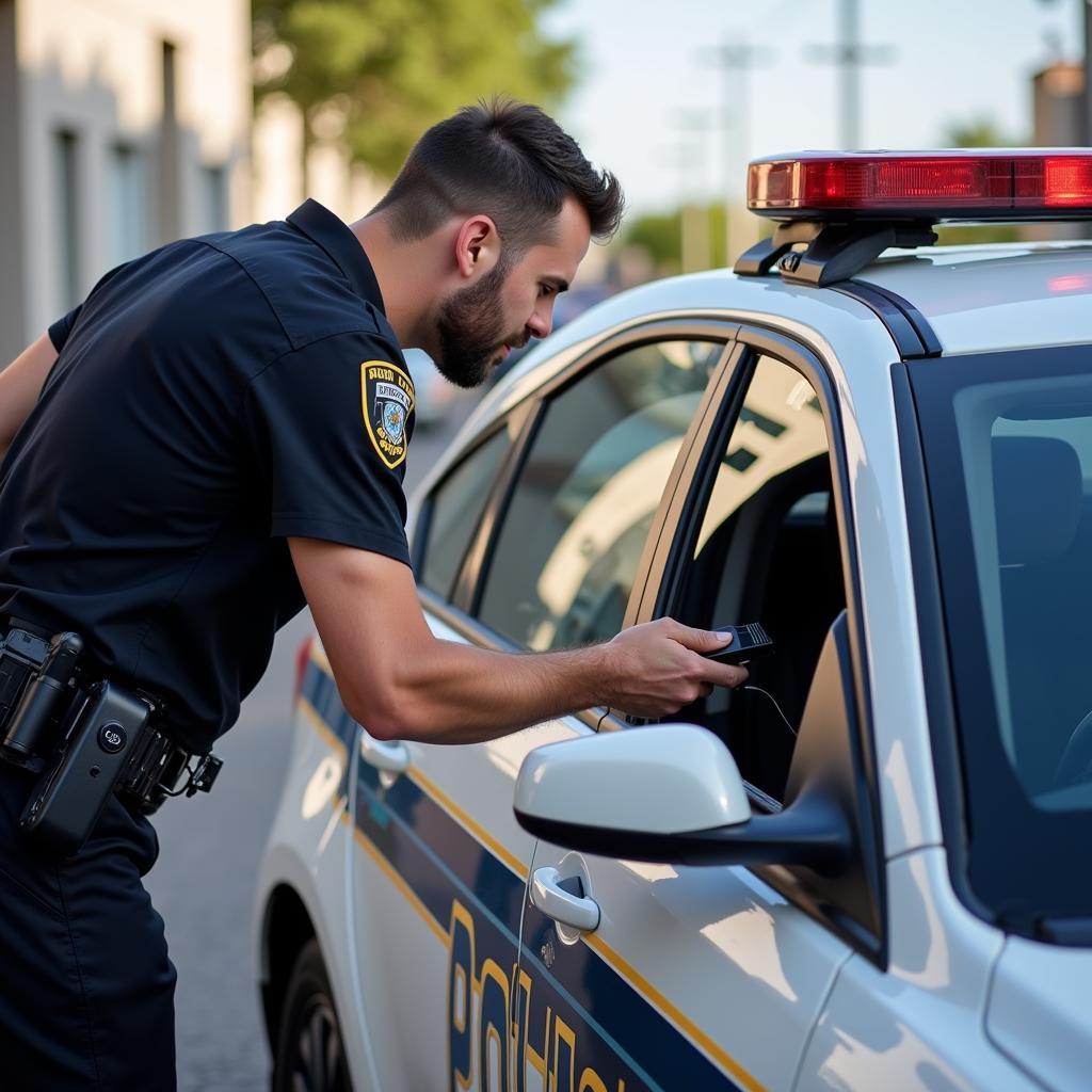 Police officer using OBD2 scanner on a patrol car