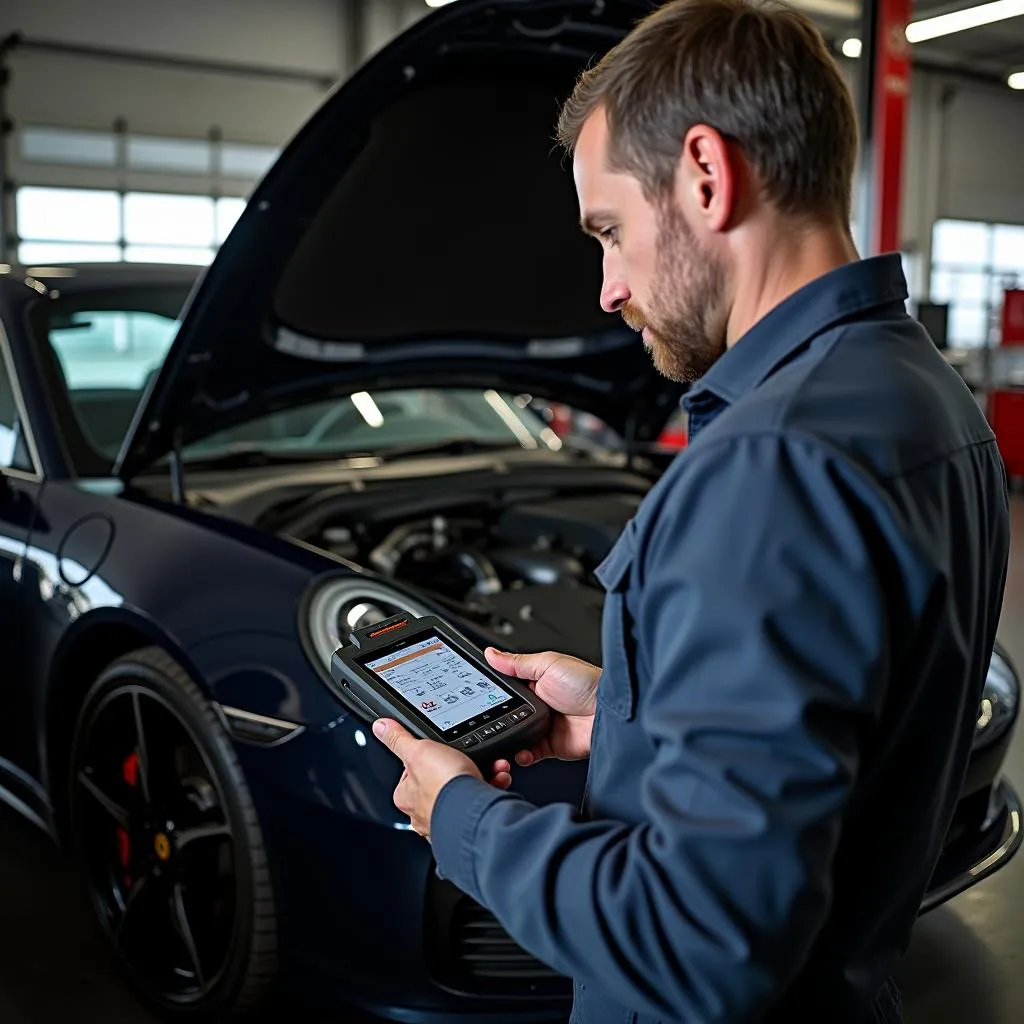 Porsche Mechanic Diagnosing Problem with OBD2 Scanner