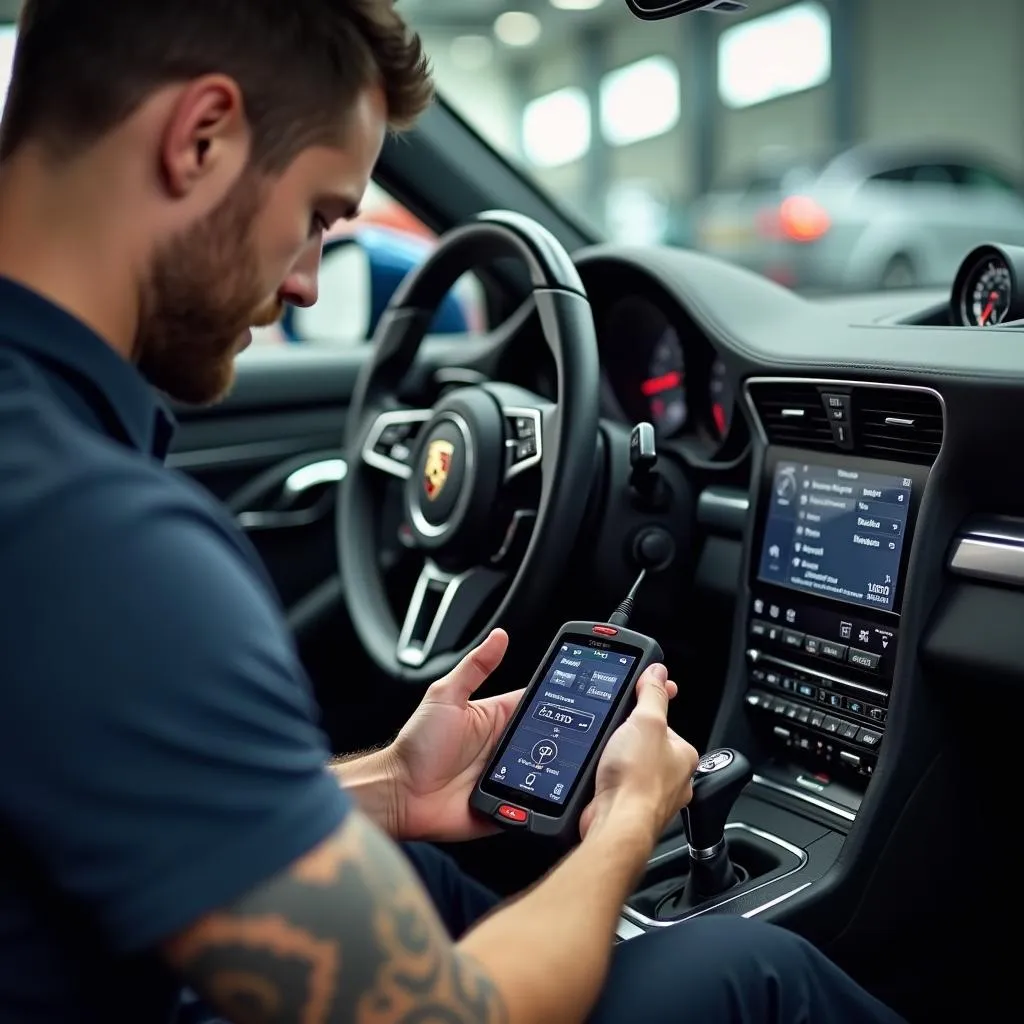 Porsche mechanic using an OBD2 scanner to diagnose an engine issue