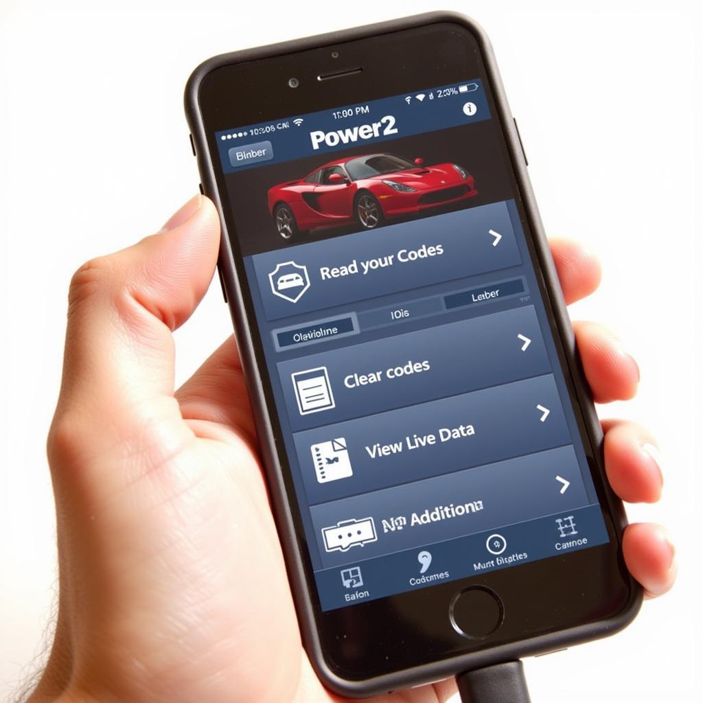 Power2 OBD2 app interface on a smartphone