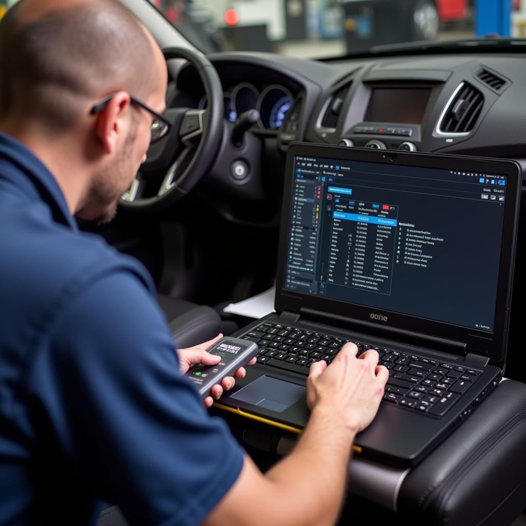 Mechanic using a powered OBD2 emulator to diagnose a vehicle