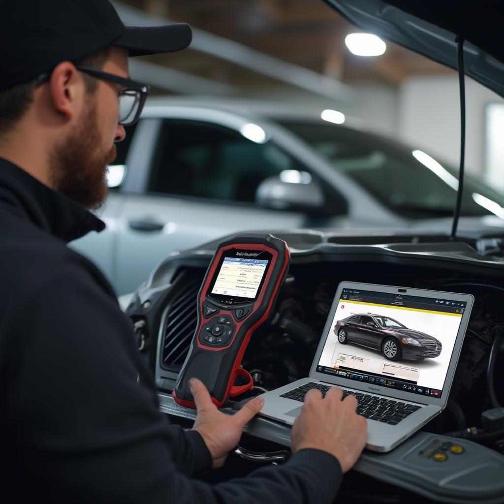 Mechanic Diagnosing a Car Using an OBD2 Scanner