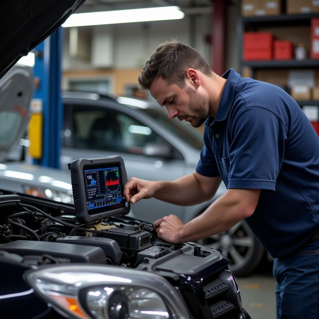 Mechanic Using Professional OBD2 Scanner for Car Diagnostics