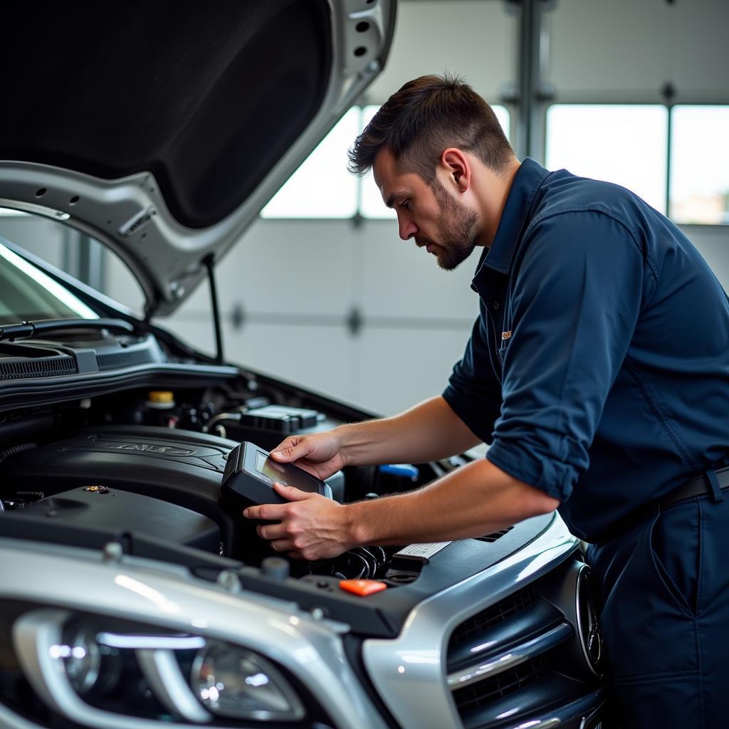 Mechanic using a professional OBD2 scanner kit to diagnose a car