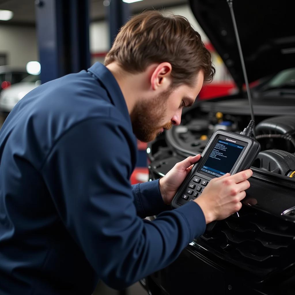 Professional mechanic using a Samcrac OBD2 scanner