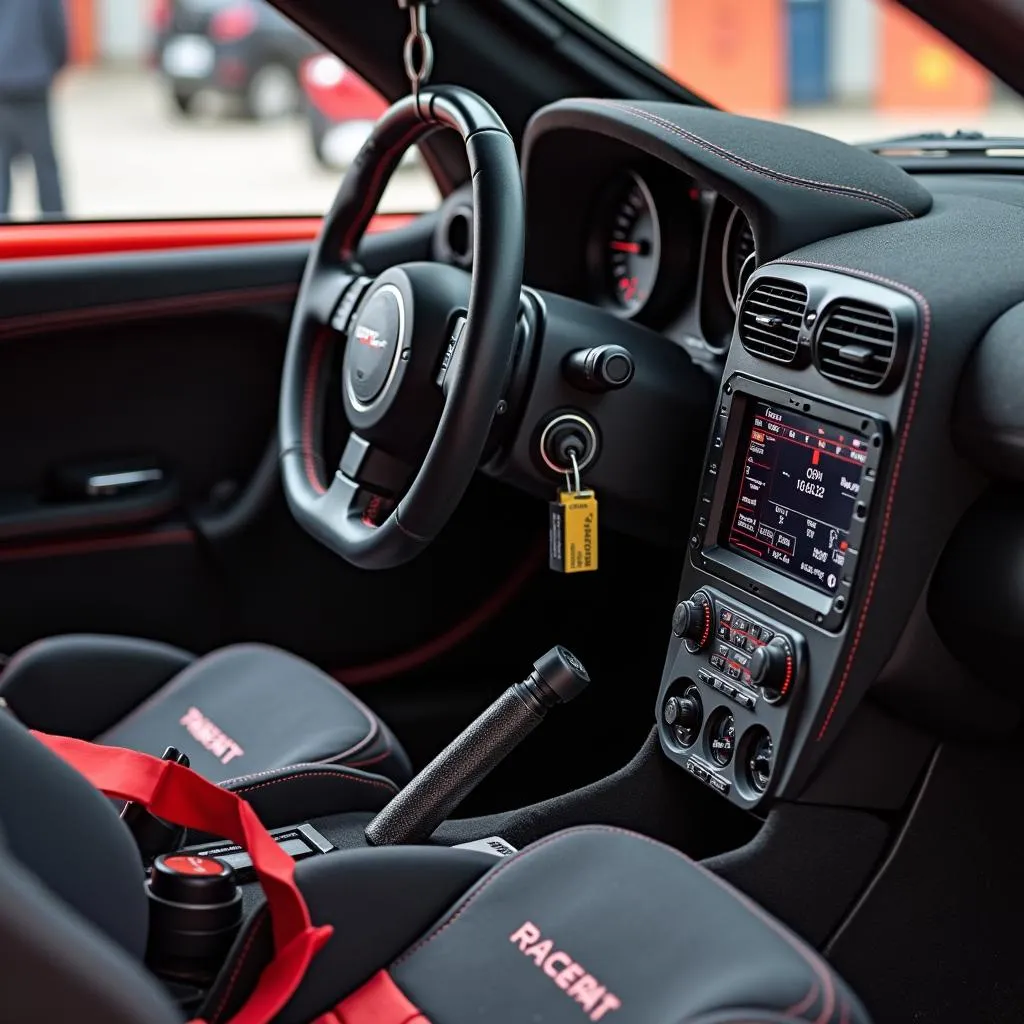 Race car interior with Racepak data acquisition system