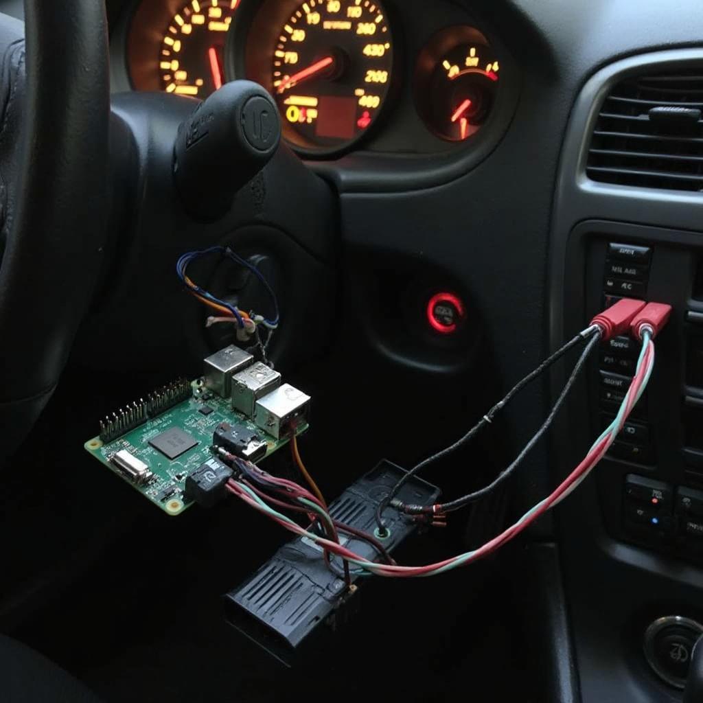 Raspberry Pi connected to OBD2 interface in a car