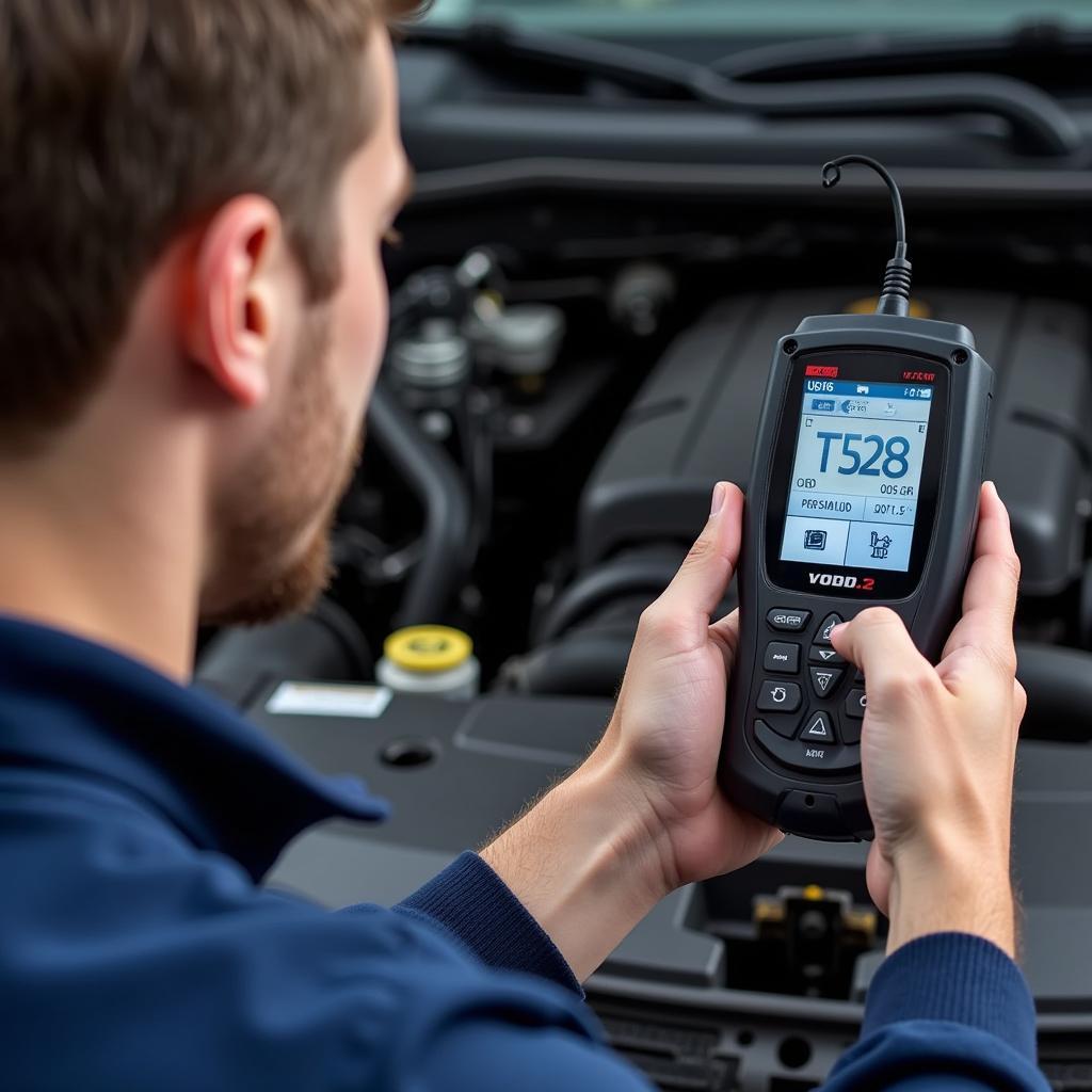 Mechanic Reading the V318 OBD2 Scanner