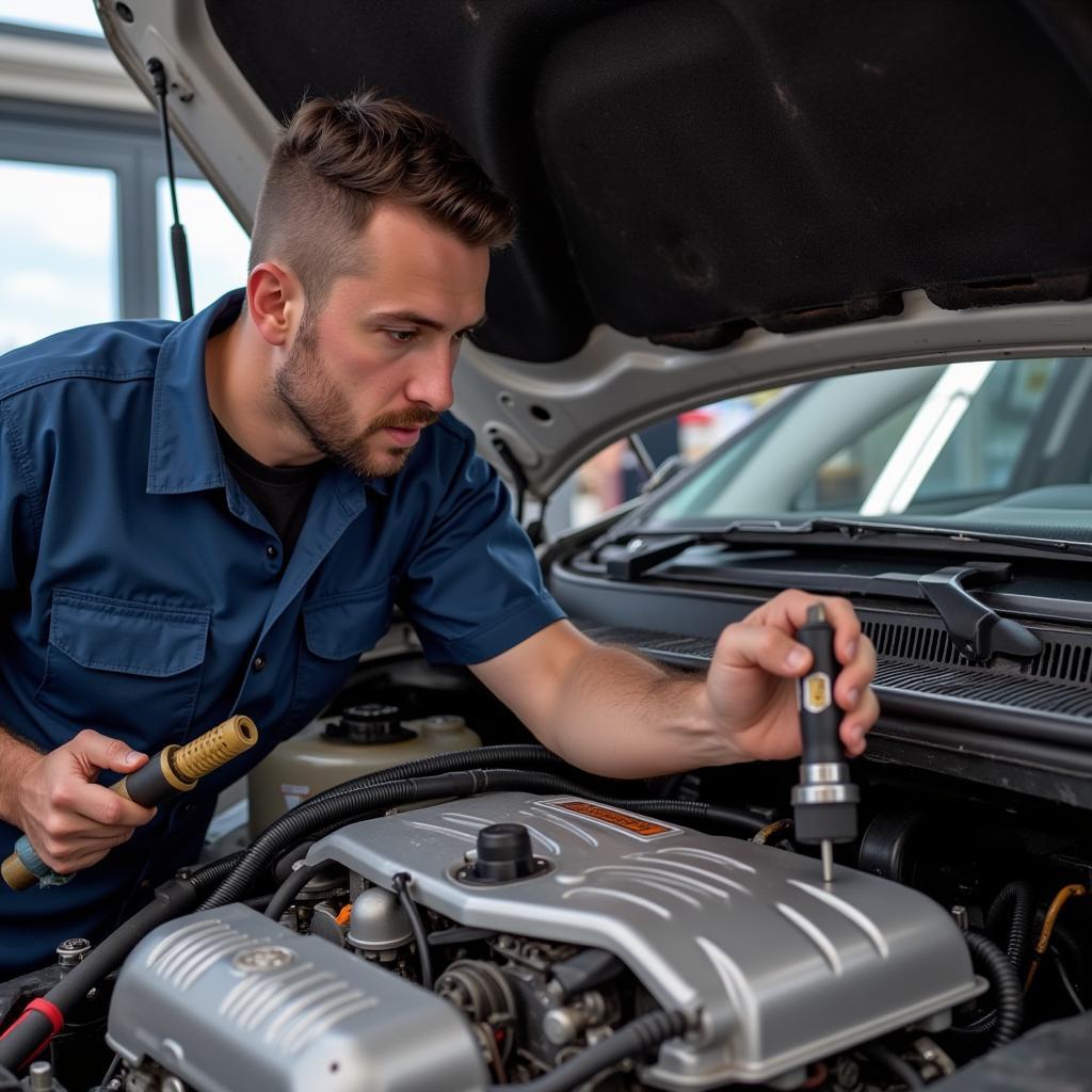 mechanic replacing car crankshaft sensor