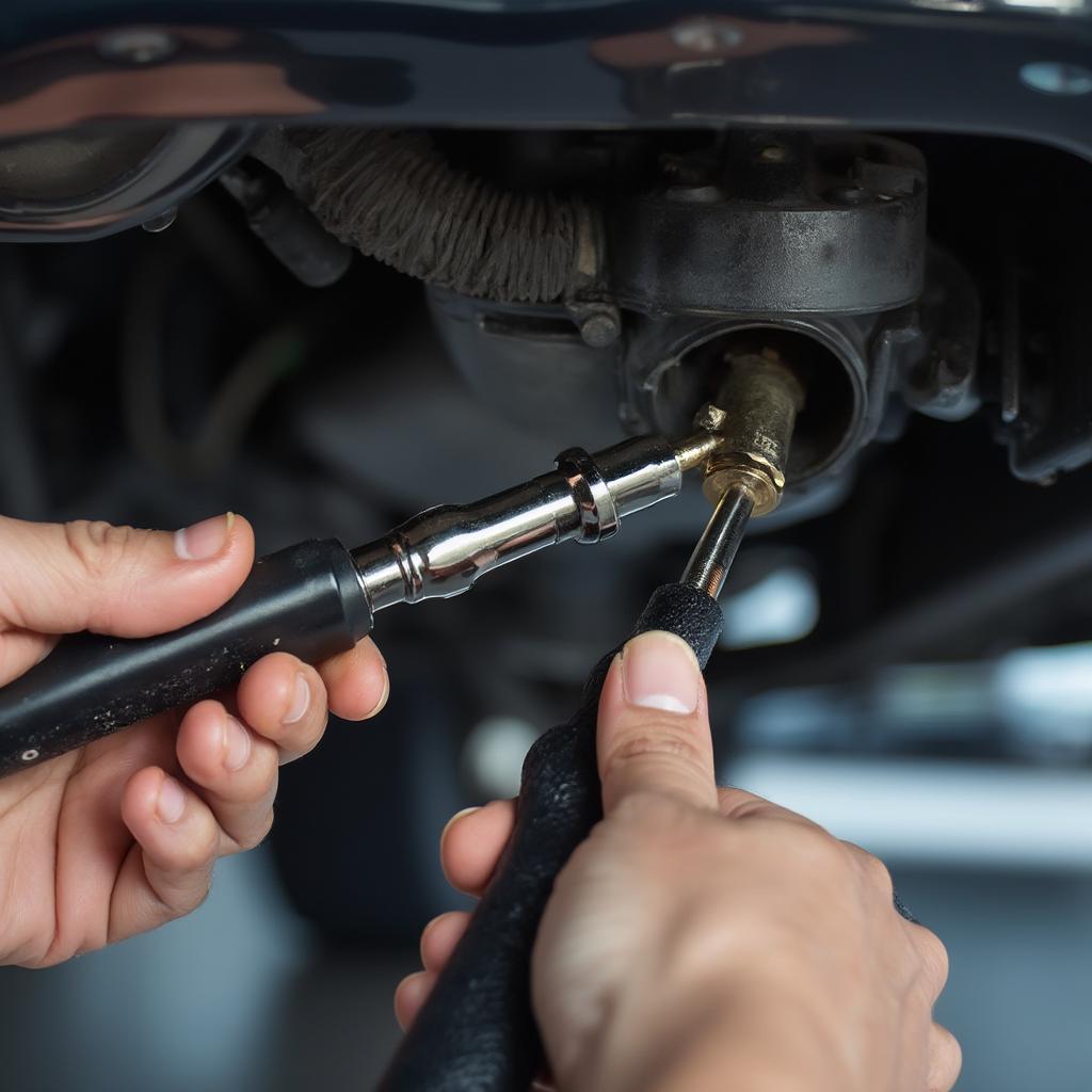 Mechanic Replacing a Car's Oxygen Sensor