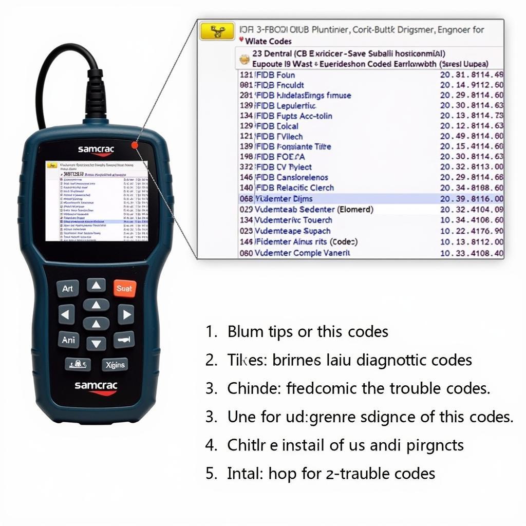 Samcrac OBD2 scanner displaying diagnostic trouble codes