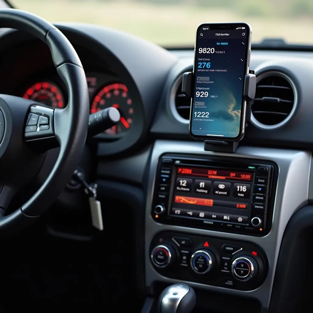 Smartphone displaying OBD2 data while connected to a car stereo