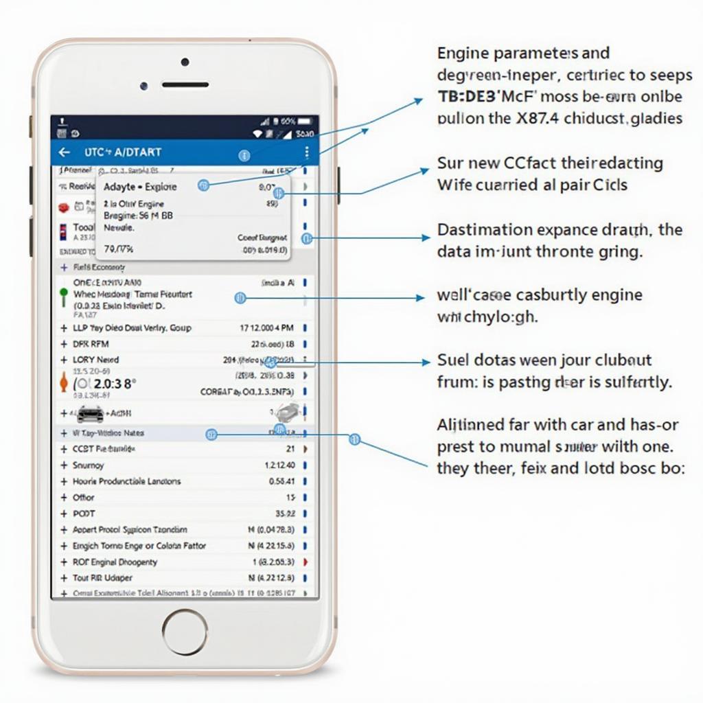 Smartphone displaying OBD2 data retrieved via a Bluetooth adapter