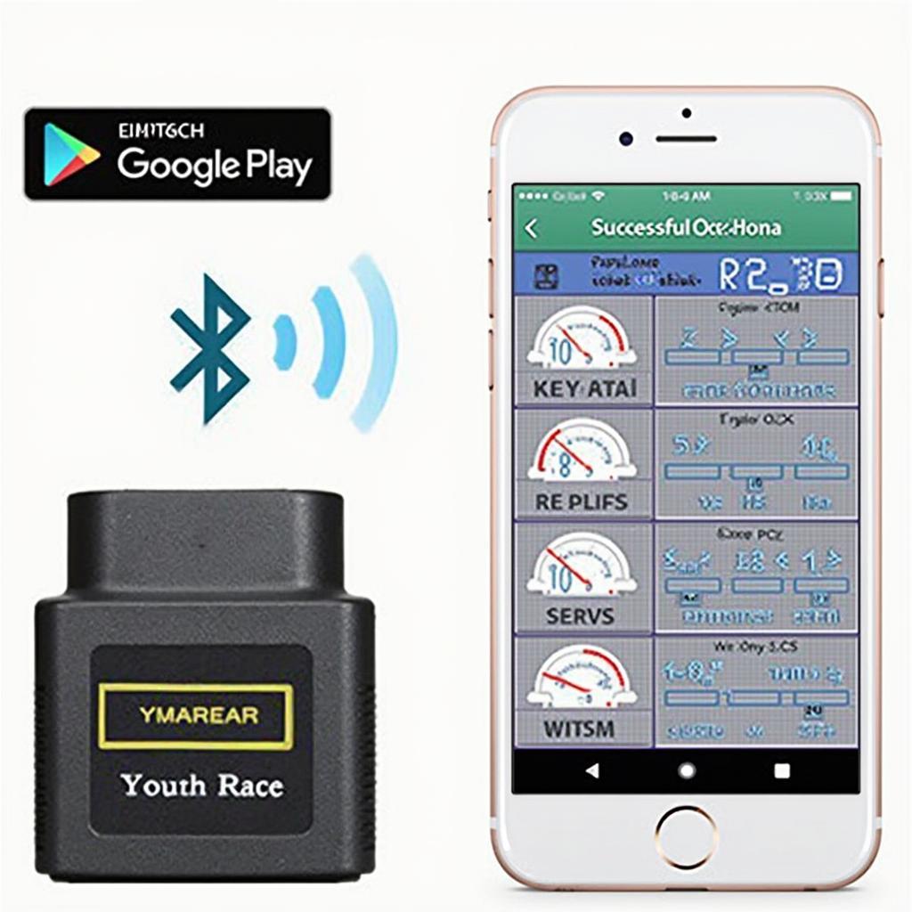 Smartphone displaying an OBD2 diagnostic app interface connected to an ELM327 scanner