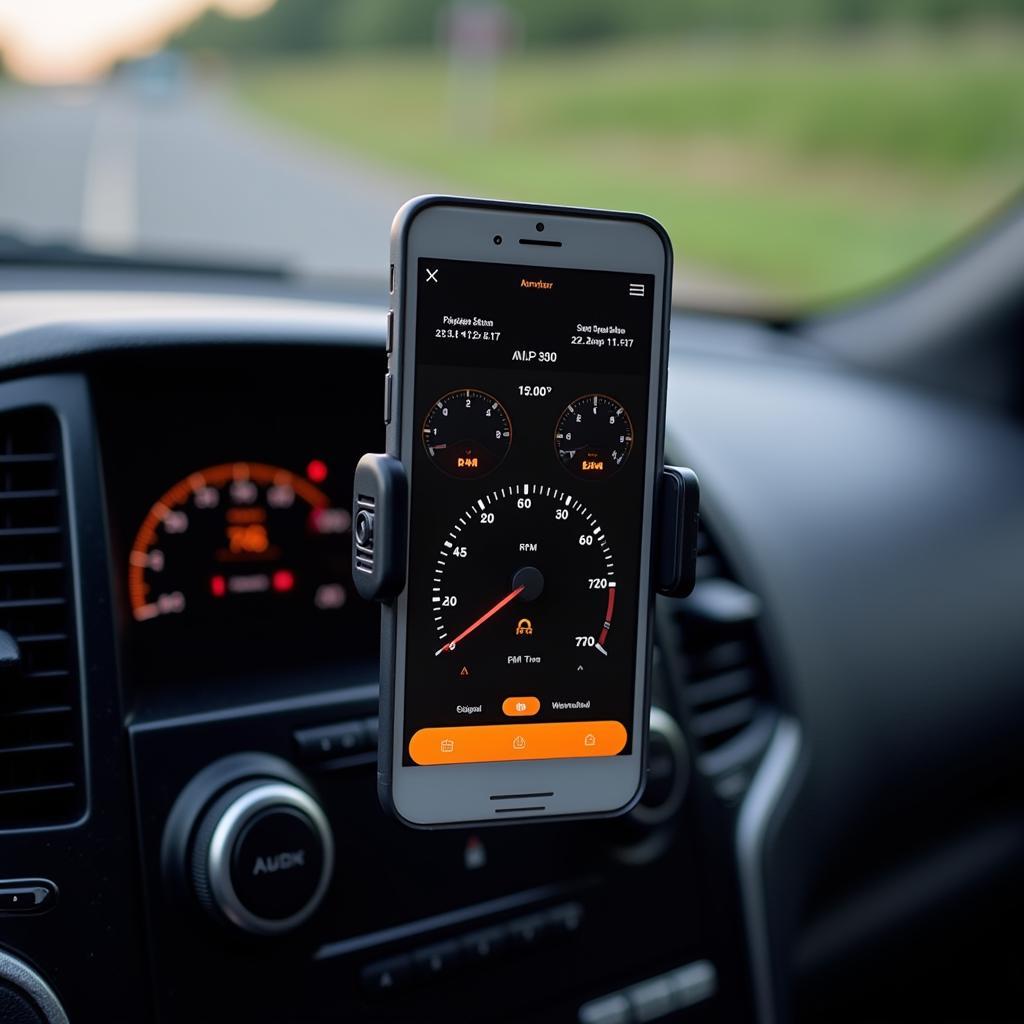 Smartphone mounted on a car dashboard showing various engine parameters