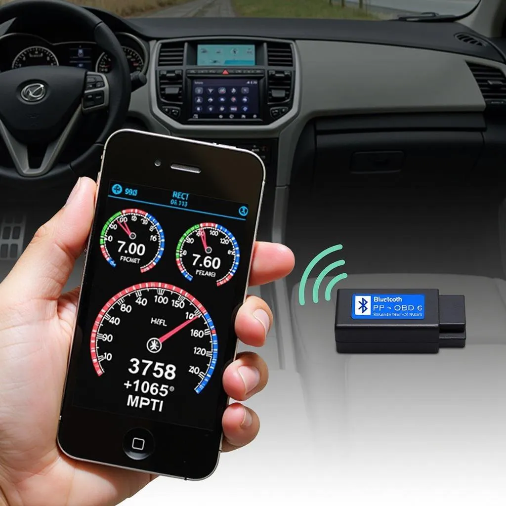 Smartphone connected to a Bluetooth OBD2 adaptor, displaying vehicle diagnostics