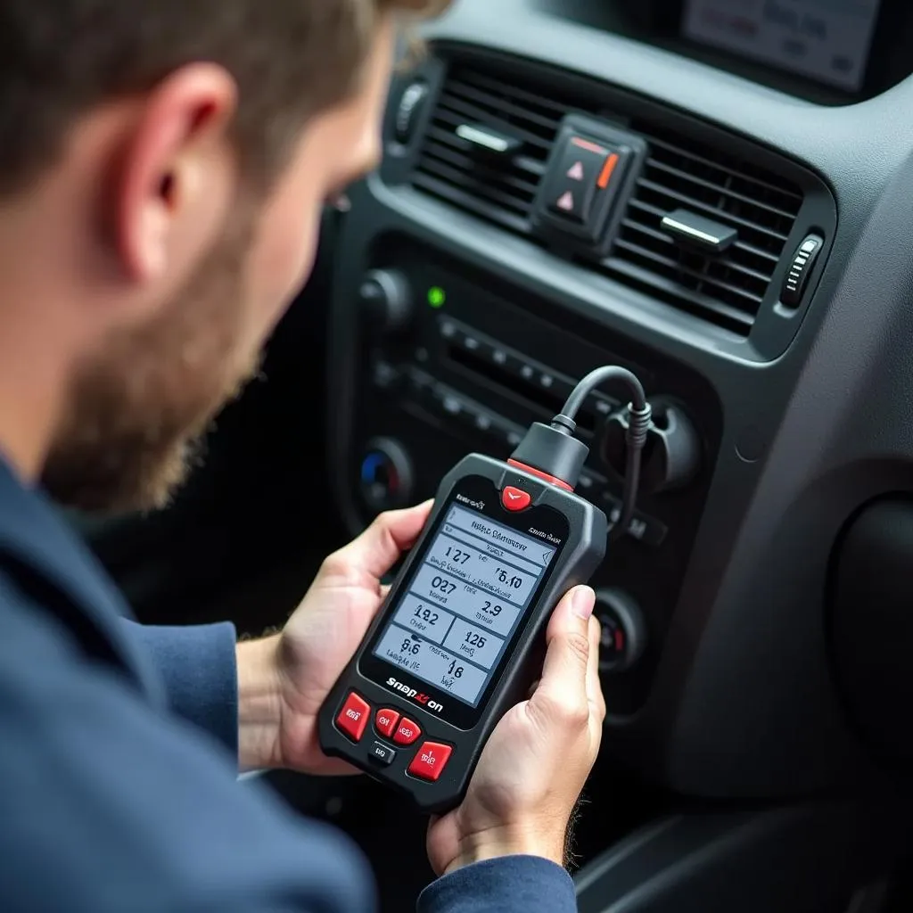 Mechanic using a Snap-on OBD2 scanner to diagnose a car engine