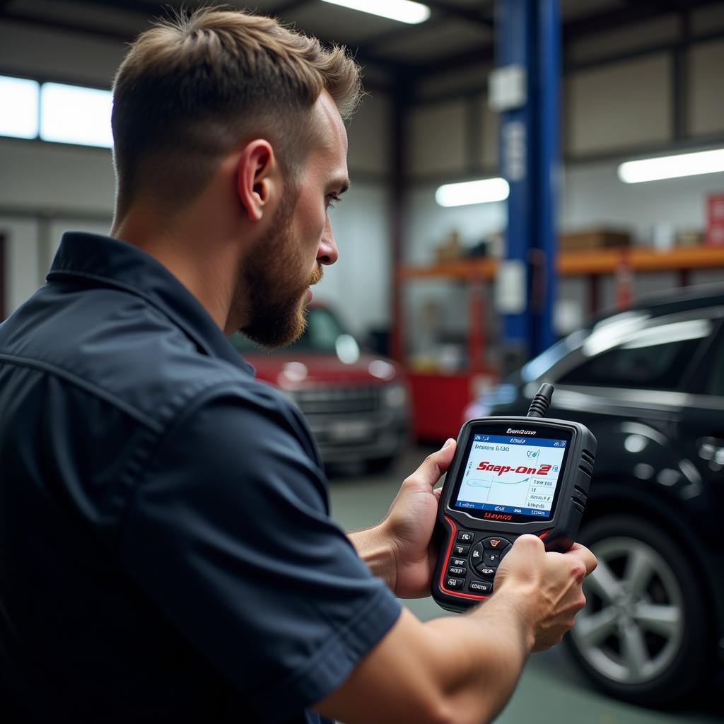 Mechanic Using a Snap-on OBD2 Scanner