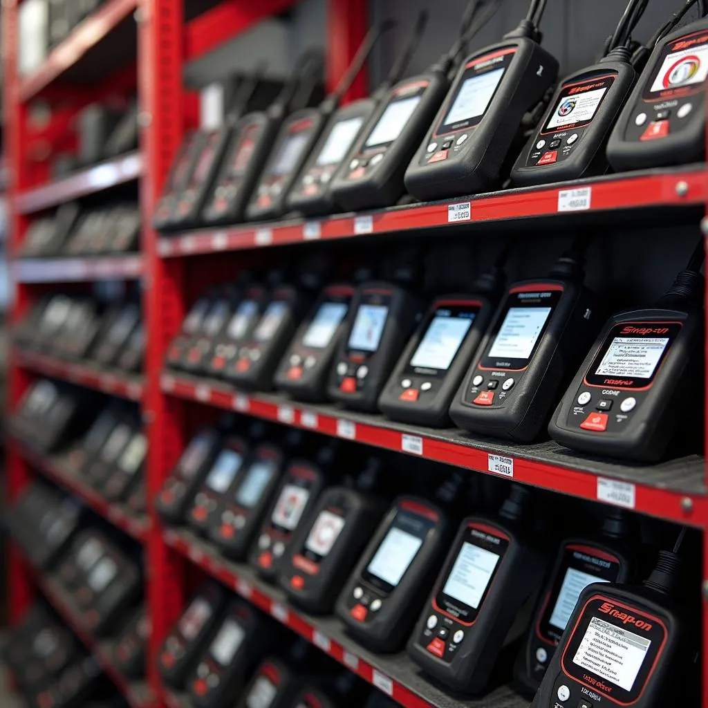 Snap-on OBD2 scanners displayed in an auto shop