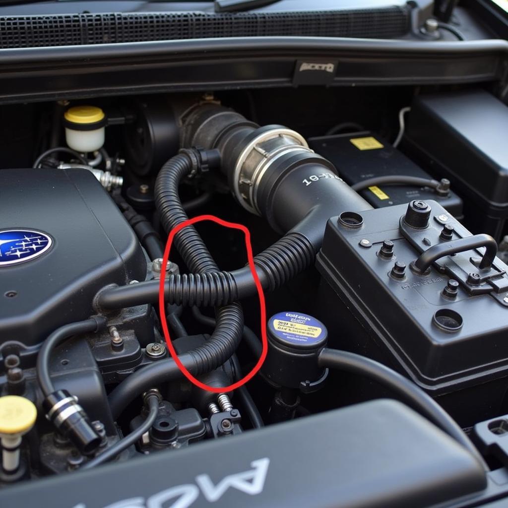 Subaru engine bay highlighting the location of the front oxygen sensor