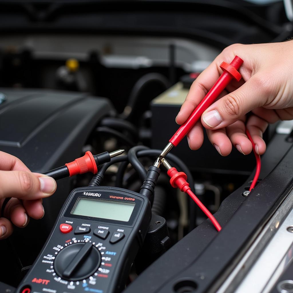 A mechanic using a multimeter to test an oxygen sensor in a Subaru.