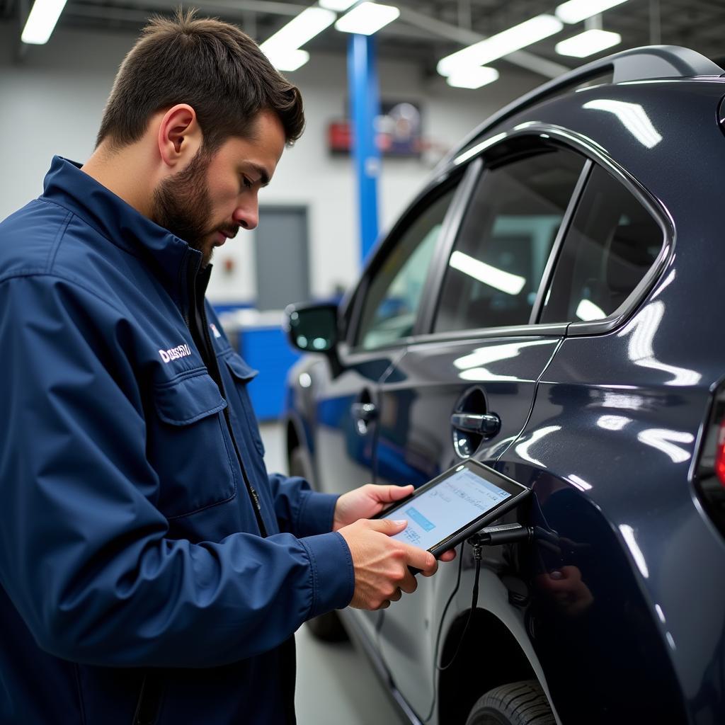 Mechanic diagnosing a Subaru using an OBD2 scanner