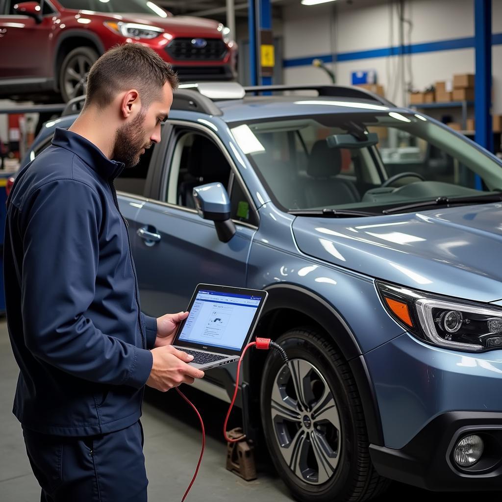 Subaru Mechanic Diagnosing a Car with an OBD2 Splitter