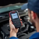 A mechanic using a super OBD2 scanner to diagnose a car engine