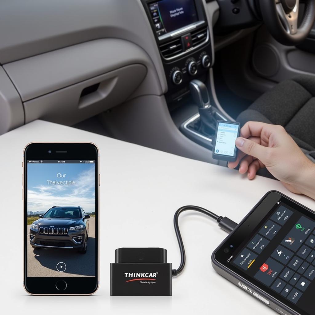 Thinkcar Thinkdiag Bluetooth OBD2 Dongle 301180767 connected to a smartphone