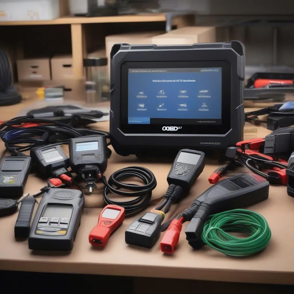 Various OBD2 scanners on a workbench