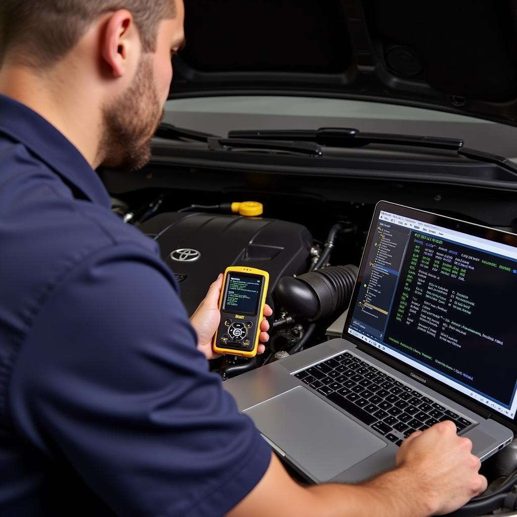 Laptop displaying diagnostic software with Mongoose Pro connected to a Toyota engine