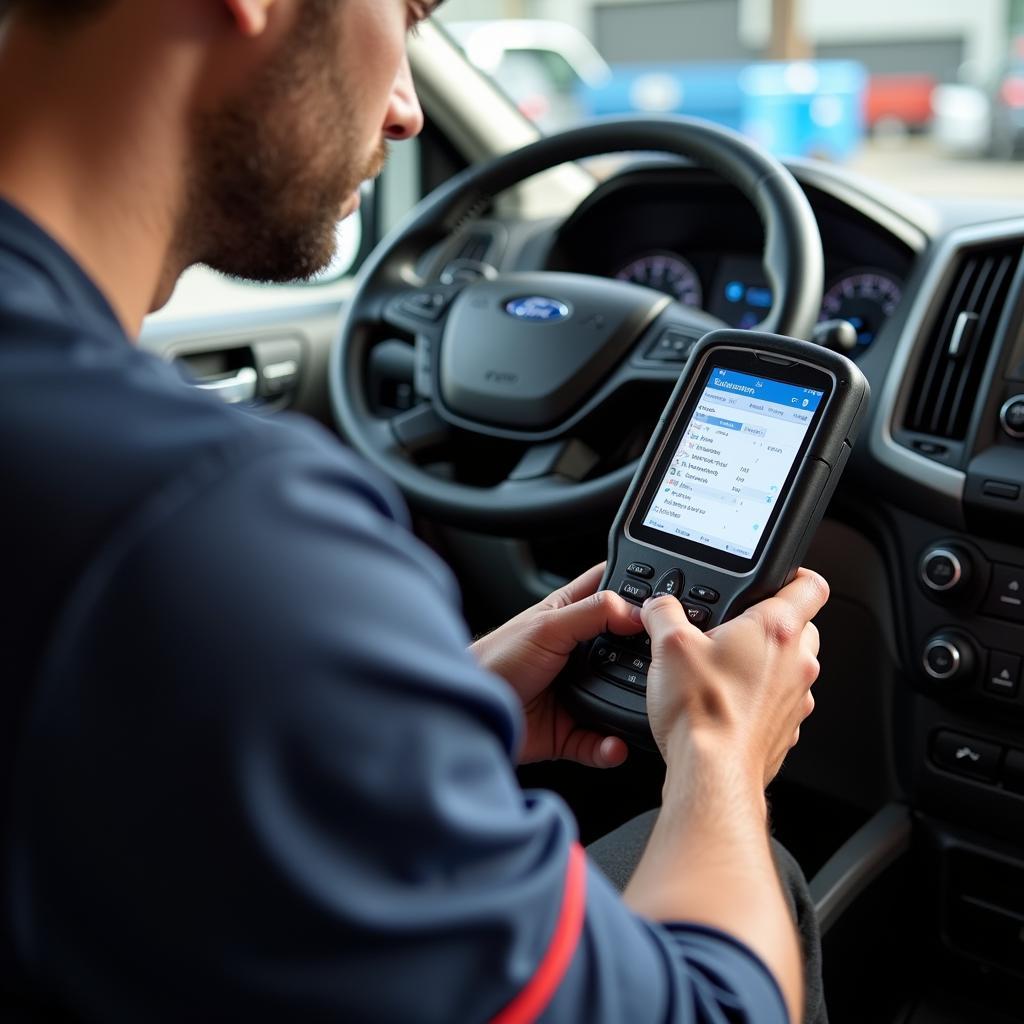 Mechanic Using OBD2 Scanner on 2018 Transit Box Truck