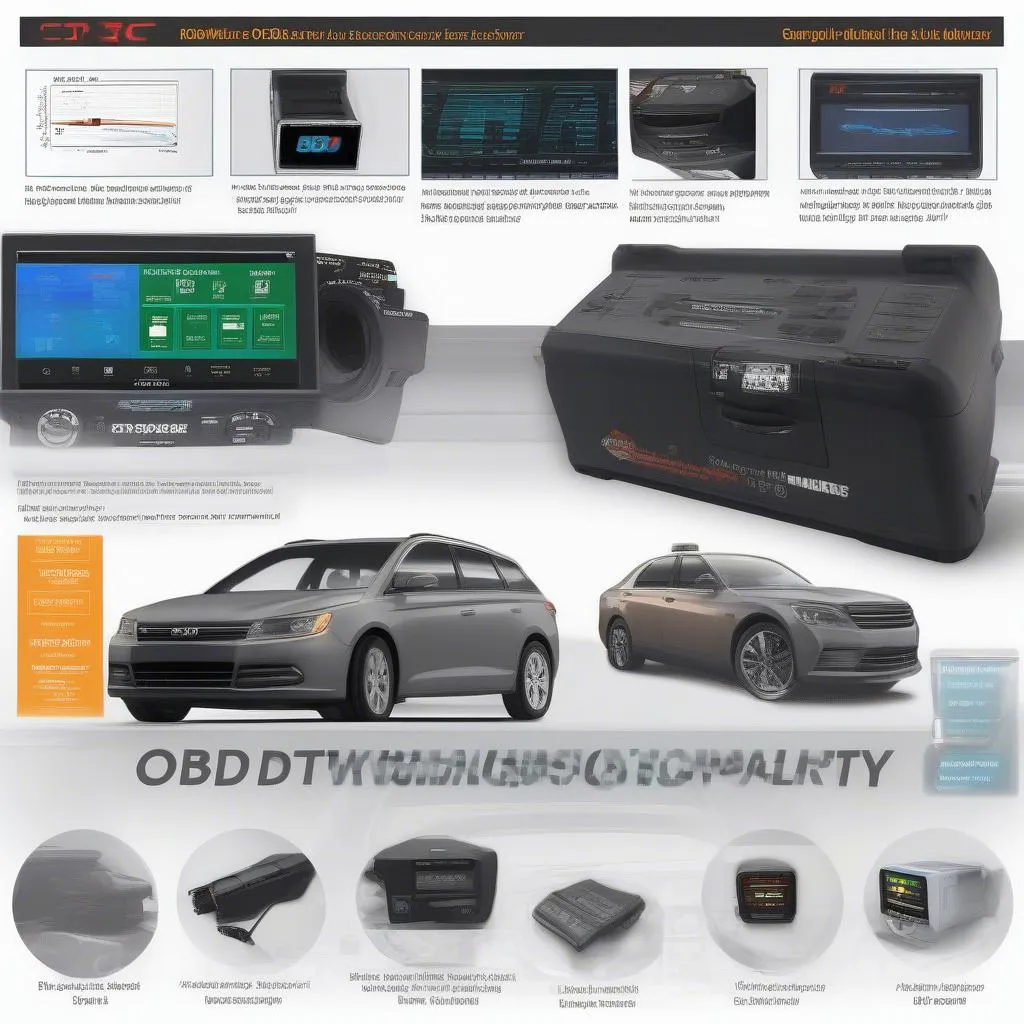 A collage showcasing the different types of OBD2 scanners - basic, mid-range, and professional