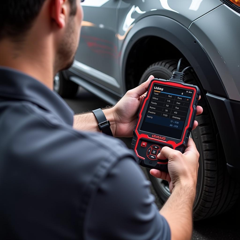 Mechanic Using Udiag OBD2 Scanner